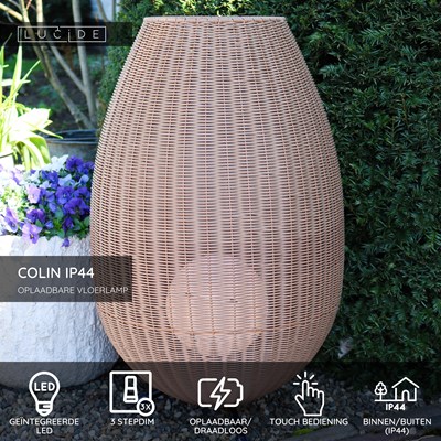 Lucide COLIN IP44 - Oplaadbare Vloerlamp Binnen/Buiten - Accu/Batterij - LED 3 StepDim - 1x3W 3000K - IP44 - Naturel